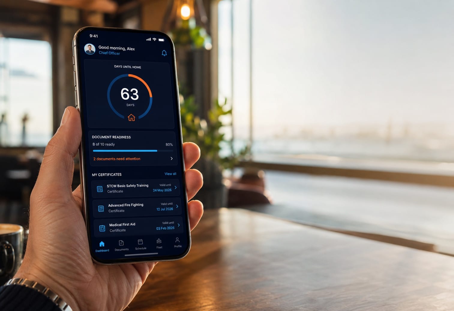 A seafarer holding their phone with the Seafarr app open — days until home, document readiness, and certificates
