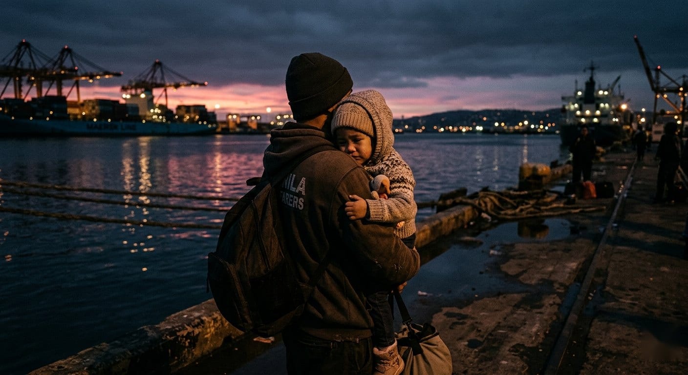 A seafarer holding his child at the harbor before dawn — the hardest goodbye