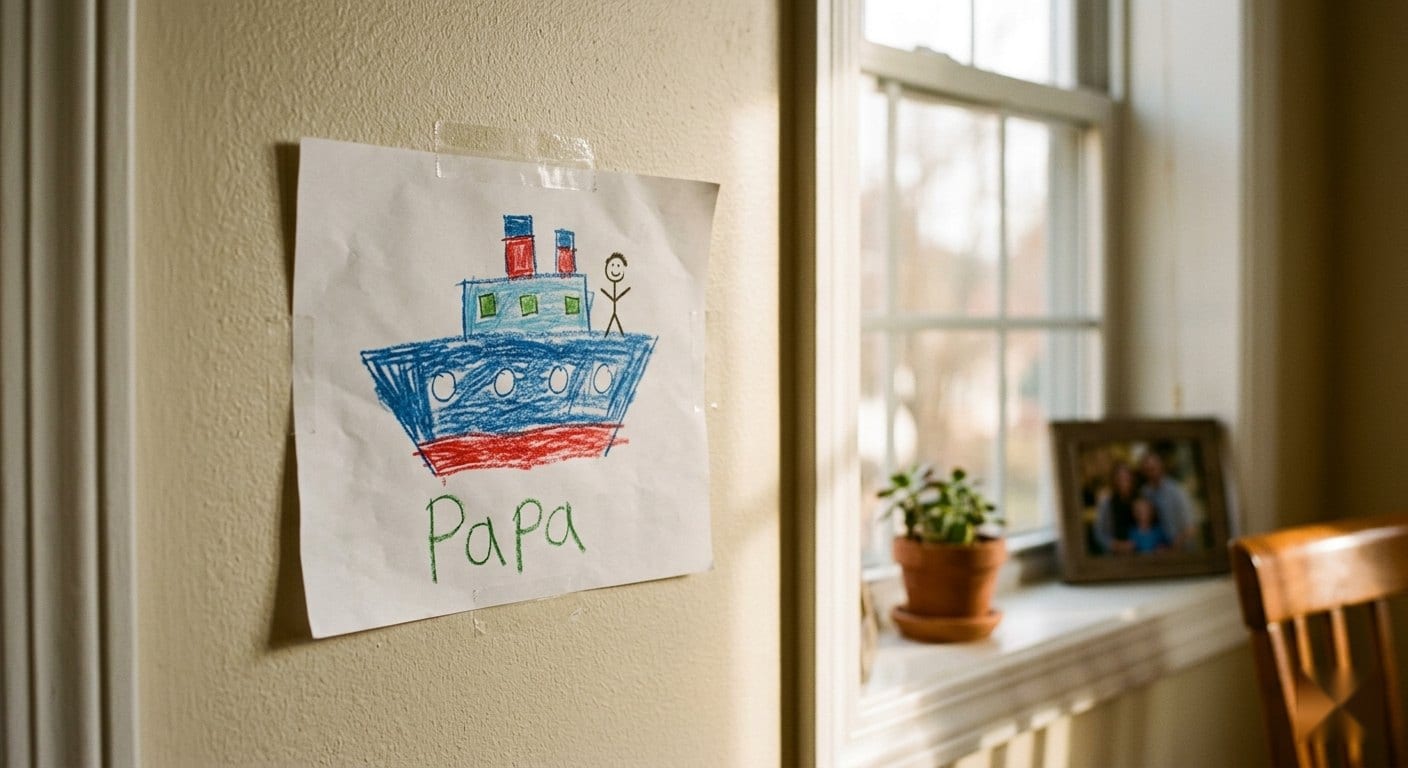 A child's crayon drawing of a ship labeled Papa, taped to a wall in warm morning light