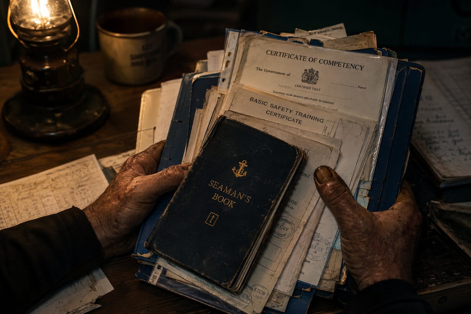 Weathered hands holding a Seaman's Book atop a stack of maritime certificates by lamplight