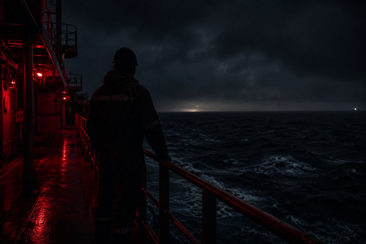 A lone crew member at the rail under red deck lighting, watching a dark sea
